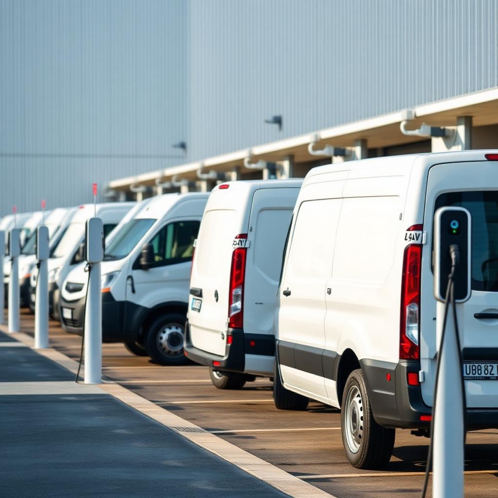 Fleet of vans charging at a depot