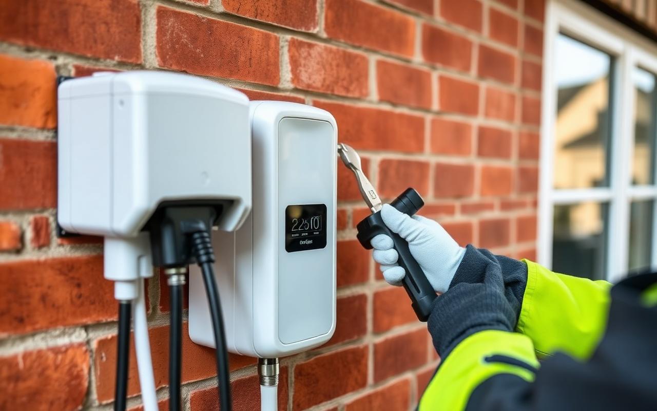 Engineer installing a home EV charger on a UK brick wall